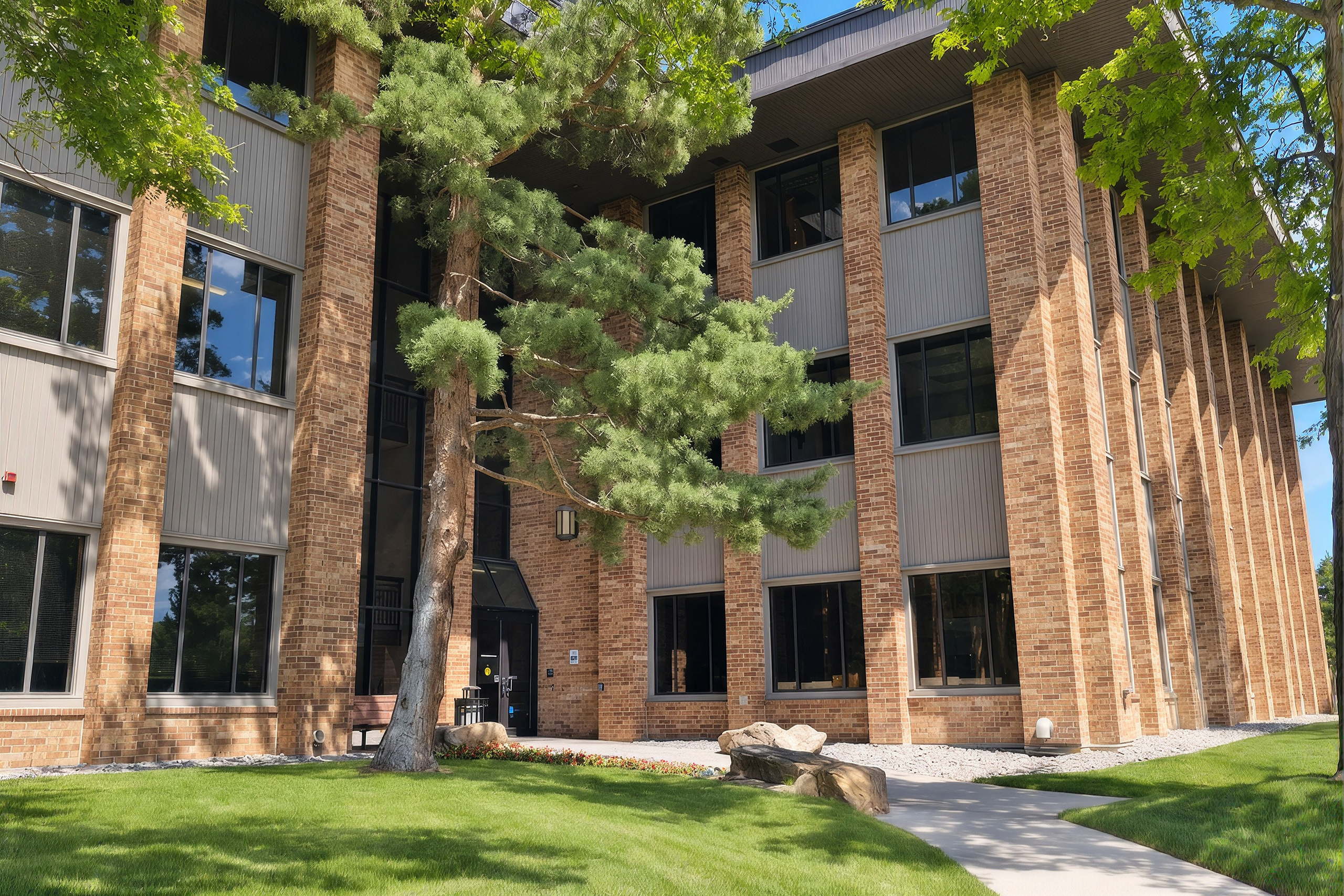 wealthclarity-tax-planning-hero-mobile Brick and glass office building exterior framed by tall pine trees